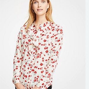 Ann Taylor Ruffle Floral Print Blouse - Red and White
